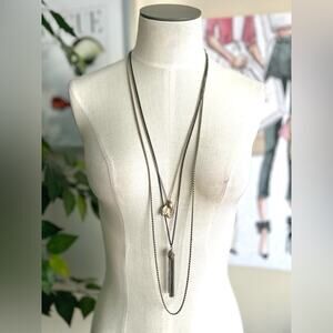 Boutique Boho Mixed Metal Layered Tassel Leaf Charm Triple Chain Necklace